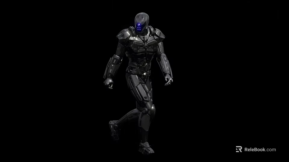 Cyborg Character in Black Armor with Blue Glowing Eyes Walking on Dark Background 3d model 