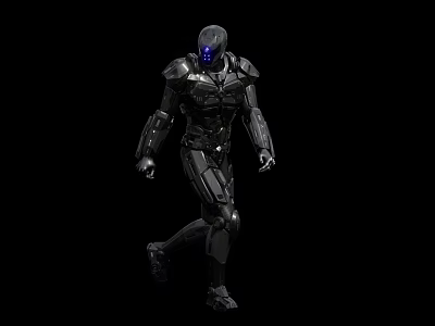 Cyborg Character in Black Armor with Blue Glowing Eyes Walking on Dark Background 3d model