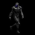 Cyborg Character in Black Armor with Blue Glowing Eyes Walking on Dark Background