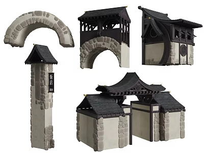 Ancient Architecture Elements Stone Arch Black Roof Pavilion And Pillar Design 3d model