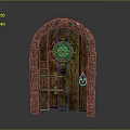 Wooden Arched Door With Stone Frame Green Glass Window And Metal Latch