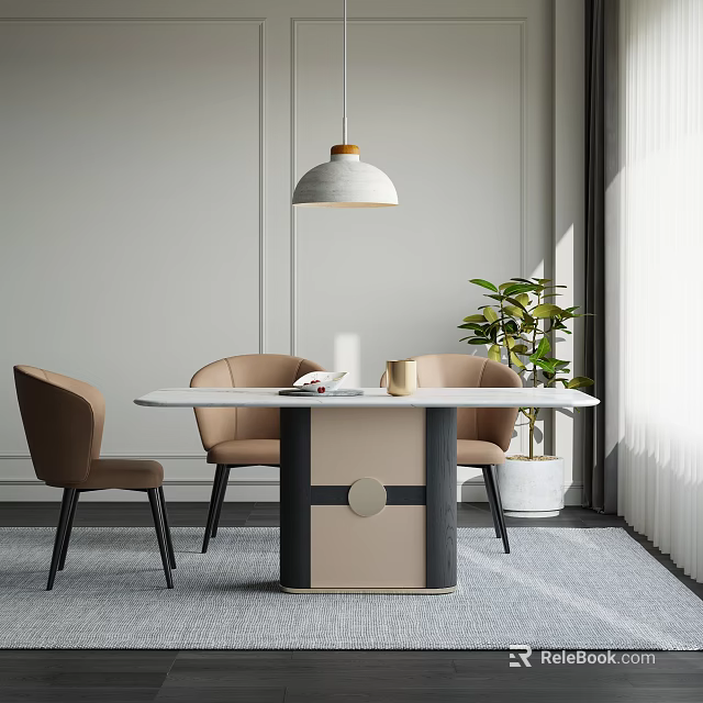 Modern Dining Table Set With Beige Chairs White Pendant Light Potted Plant Gray Carpet 3d model 