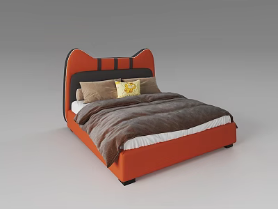 Orange Kids Bed With Cat Ear Shaped Headboard Brown Quilt Yellow Cushion and Pillows 3d model
