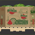 Full of Fresh Watermelons in Cardboard Box with Truck Design on Wooden Pallet