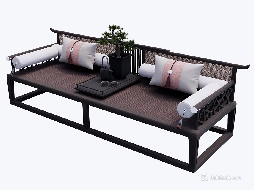 Chinese Style Multi Seater Sofa Featuring Wooden Frame Striped Cushions Coffee Table Vase And Plant 3d model 