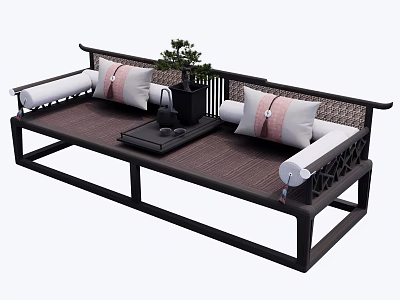 Chinese Style Multi Seater Sofa Featuring Wooden Frame Striped Cushions Coffee Table Vase And Plant 3d model