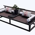 Chinese Style Multi Seater Sofa Featuring Wooden Frame Striped Cushions Coffee Table Vase And Plant