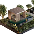 Serene Courtyard Garden Design With Lush Green Plants Water Feature And Wooden Deck