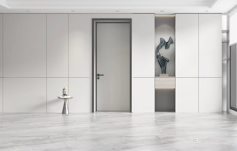 Modern Minimalist Swing Door Design With White Panel And Marble Floor Accents 3d model 