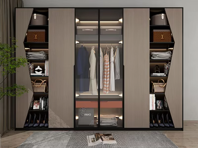 Modern Wardrobe Interior Design With Glass Doors Hanging Folded Clothes Shoes Bags And Lighting 3d model