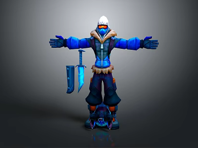 3D Game Movie Character In Blue Outfit With White Helmet Goggles Fur Trim And Dagger 3d model