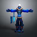 3D Game Movie Character In Blue Outfit With White Helmet Goggles Fur Trim And Dagger