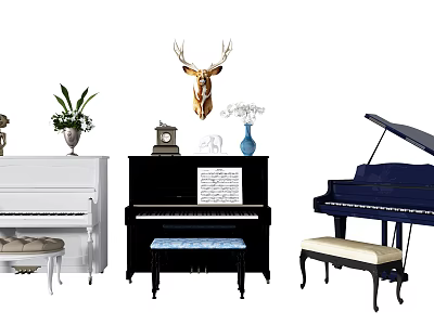 Colorful Musical Pianos With Deer Head Vase Clock Plant Music Sheet And Stool 3d model