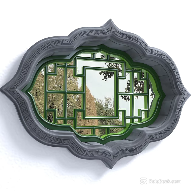 Traditional Chinese Lattice Window with Ornate Gray Frame and Green Trees View Through Intricate Patterns 3d model 