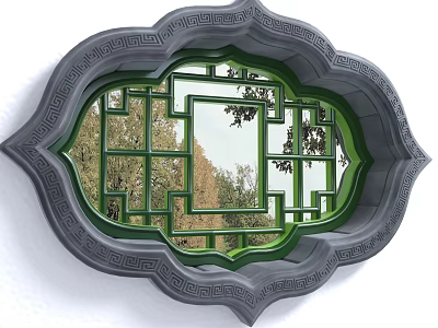 Traditional Chinese Lattice Window with Ornate Gray Frame and Green Trees View Through Intricate Patterns 3d model