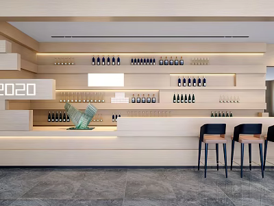 Elegant Modern Hotel Lobby Interior Design With Bar Counter Wine Racks And Bar Stools 3d model