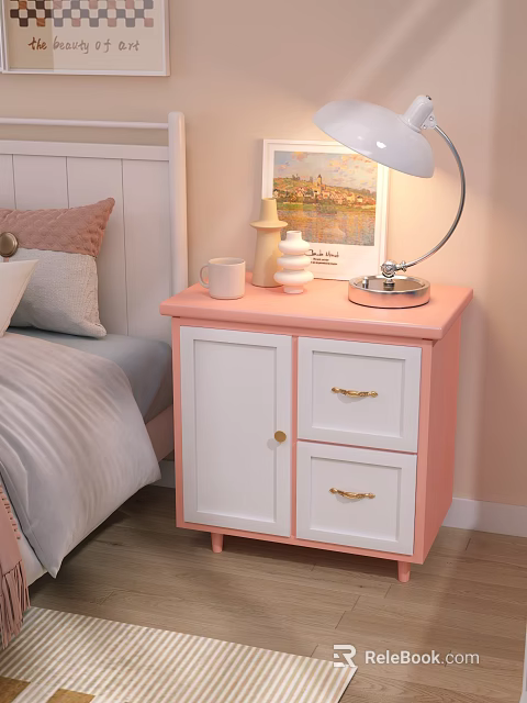 Pink And White Bedroom Nightstand With Cabinet Doors Drawers Gold Handles Table Lamp And Mug 3d model 