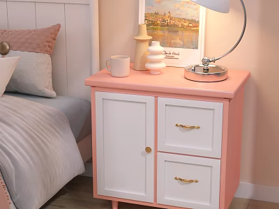 Pink And White Bedroom Nightstand With Cabinet Doors Drawers Gold Handles Table Lamp And Mug 3d model