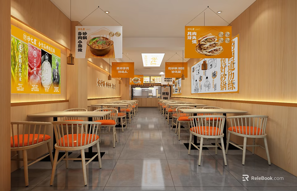 Wooden Restaurant Interior With Bright Lighting Menu Posters Tables And Orange Chairs 3d model 