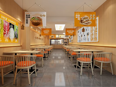 Wooden Restaurant Interior With Bright Lighting Menu Posters Tables And Orange Chairs 3d model