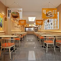 Wooden Restaurant Interior With Bright Lighting Menu Posters Tables And Orange Chairs