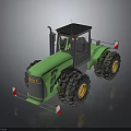 Green Agricultural Tractor With Large Tires Yellow Rims And Black Cabin Reflectors
