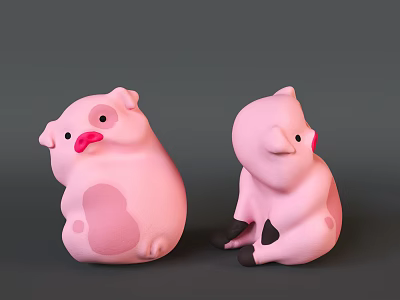 Two Cute Pink Pig Dolls Sitting With Blush Sticking Tongue And Black Hooves 3d model