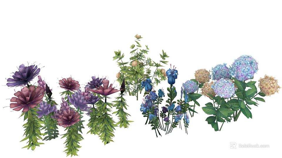 Colorful Mixed Flowers With Purple Blue Pink Blooms And Green Leaves 3d model 