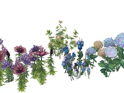 Colorful Mixed Flowers With Purple Blue Pink Blooms And Green Leaves 3d model