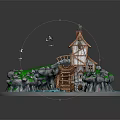 Traditional Cottage With Wooden Watermill Chimney Rocks Green Grass And Flowing Water