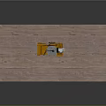 Industrial Mechanical Equipment With Orange Casing Placed On Wooden Platform Surface