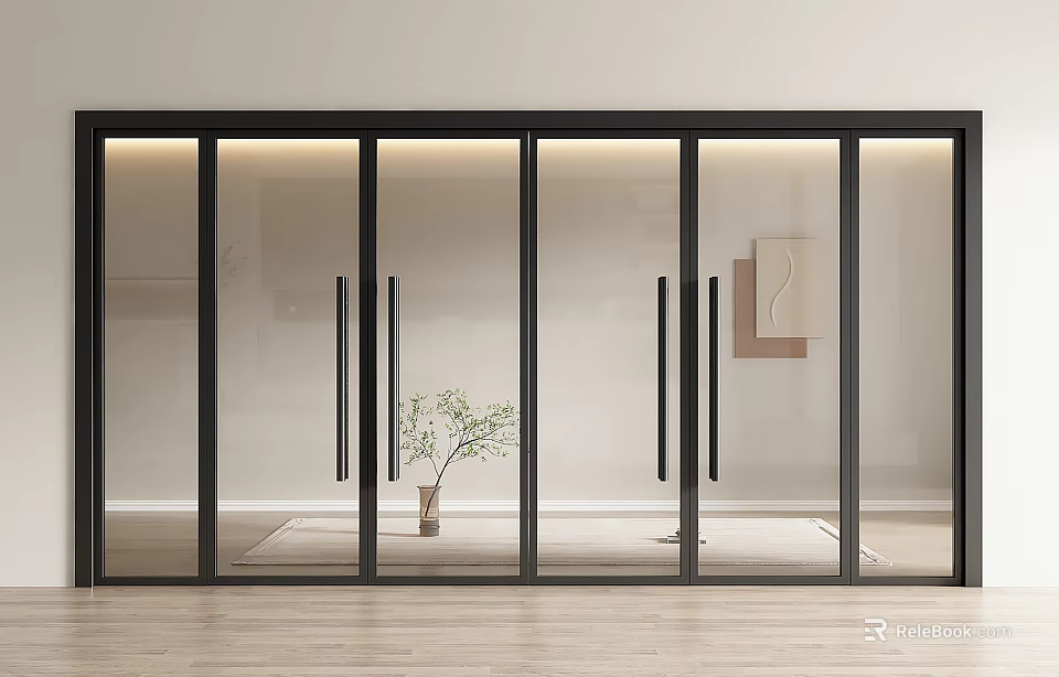 Modern Interior Featuring Sliding Glass Double Doors With Black Frames And Decorative Plant 3d model 