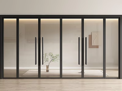 Modern Interior Featuring Sliding Glass Double Doors With Black Frames And Decorative Plant 3d model