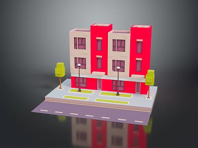 Red Multi story Urban Apartment Building With Light Windows Street Lampposts And Green Trees 3d model