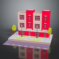 Red Multi story Urban Apartment Building With Light Windows Street Lampposts And Green Trees