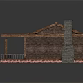 Wooden House With Brown Tiled Roof Porch Chimney And Steps Design