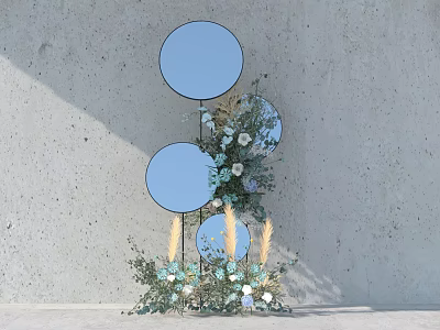Photo Spot With Blue Circular Mirrors Floral Arrangements And Green Plants On Gray Wall 3d model