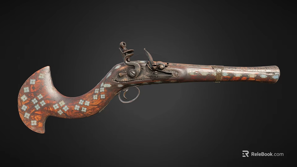 Antique Decorated Flintlock Pistol With Carved Dragon Design And Wooden Stock 3d model 