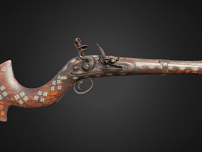 Antique Decorated Flintlock Pistol With Carved Dragon Design And Wooden Stock 3d model