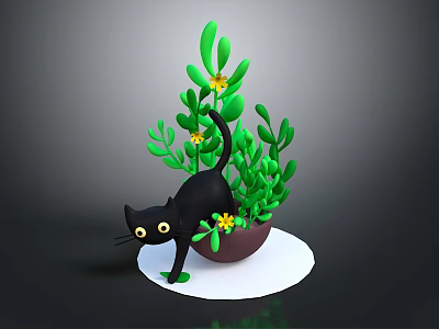 Cute Black Cat In Flower Pot With Green Plants Yellow Flowers And White Base 3d model
