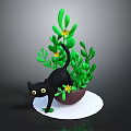 Cute Black Cat In Flower Pot With Green Plants Yellow Flowers And White Base