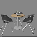 Modern Round Wooden Table and Black Rolling Chairs Set with Small Plant and Magazine