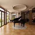 Cozy Café Interior With Chandeliers Piano Bar Stools Plants Large Windows And Wooden Decor