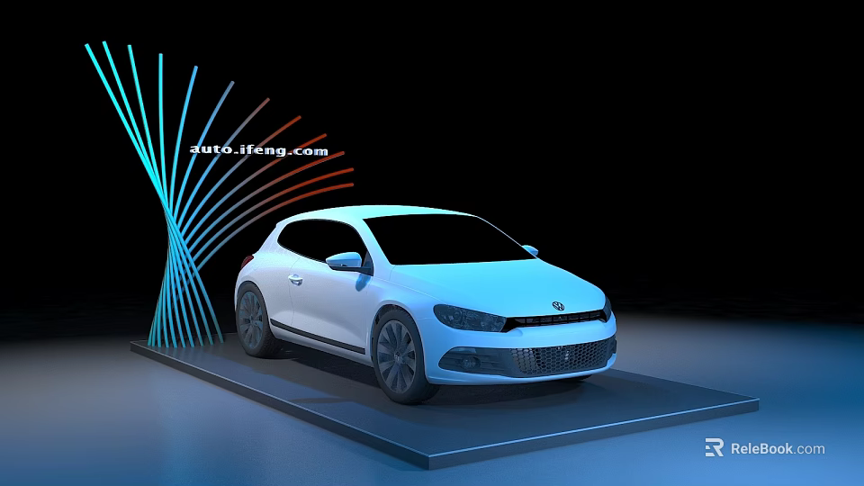 Display Stand Showcasing White Car With Colorful Lights And Spiral Decorative Structure 3d model 
