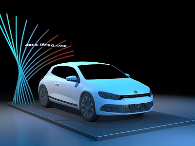 Display Stand Showcasing White Car With Colorful Lights And Spiral Decorative Structure 3d model