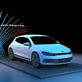 Display Stand Showcasing White Car With Colorful Lights And Spiral Decorative Structure