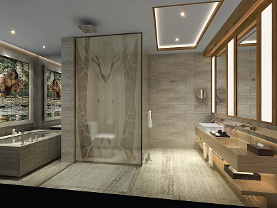 Elegant Modern Hotel Bathroom Interior With Marble Bathtub Shower Double Vanity Mirrors And Lighting 3d model