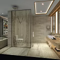 Elegant Modern Hotel Bathroom Interior With Marble Bathtub Shower Double Vanity Mirrors And Lighting