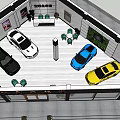 Car Dealership 4S Store New Vehicles on Display Outdoor Lounge Green Chairs White Tables