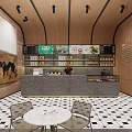 Modern Café Interior With Tables Chairs Hanging Lights Plants And Black White Patterned Floor